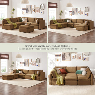 Macy 6 Seats Modular Sectional Sofa with Fully Removable Covers, Large Storage (Hazelnut Brown Velvet) [2nd Gen]