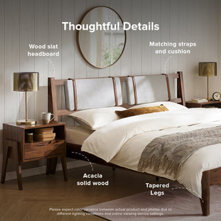 Ted Bed (King), Solid Acacia Wood Platform Bed with Removable Upholstered Headboard Cushions