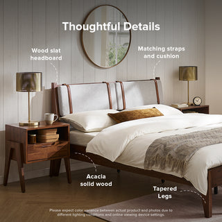 Ted Bed (Queen), Solid Acacia Wood Platform Bed with Removable Upholstered Headboard Cushions