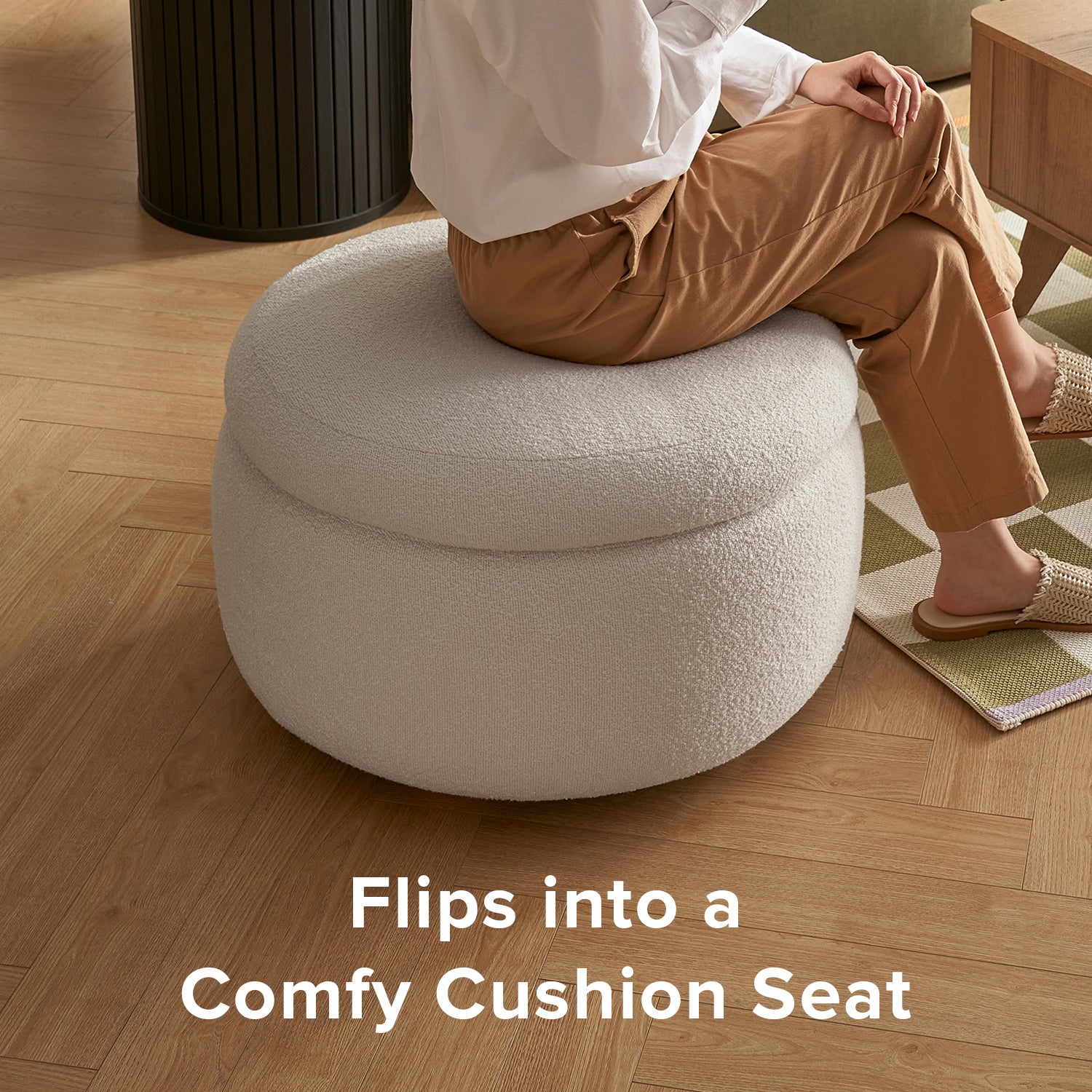 Luna Storage Ottoman, Pearl White Bouclé – Mopio