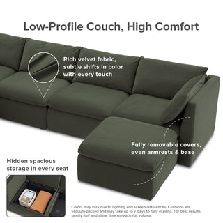 Macy 3 Seater Modular Sectional Sofa with Fully Removable Covers, Large Storage (Olive Green Velvet)