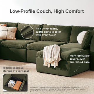 Macy Armless Sectional Sofa with Fully Removable Covers, Large Storage (Olive Green Velvet) [1st Gen]