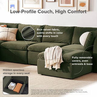 Macy Armless Sectional Sofa with Fully Removable Covers, Large Storage (Olive Green Velvet) [1st Gen]