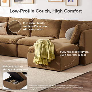 Macy 5 Seats Modular Sectional Sofa with Fully Removable Covers, Large Storage (Hazelnut Brown Velvet) [2nd Gen]