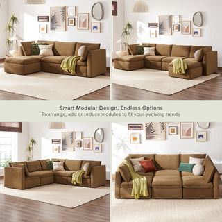Macy 5 Seats Modular Sectional Sofa with Fully Removable Covers, Large Storage (Hazelnut Brown Velvet) [2nd Gen]