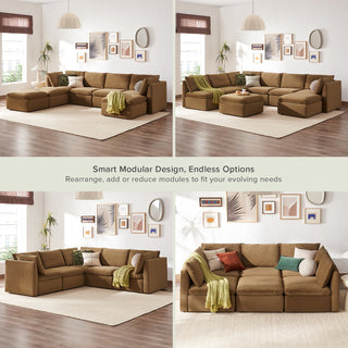 Macy 7 Seats Modular Sectional Sofa with Fully Removable Covers, Large Storage (Hazelnut Brown Velvet) [2nd Gen]