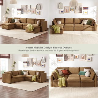 Macy 6 Seats Modular Sectional Sofa with Fully Removable Covers, Large Storage (Hazelnut Brown Velvet) [2nd Gen]