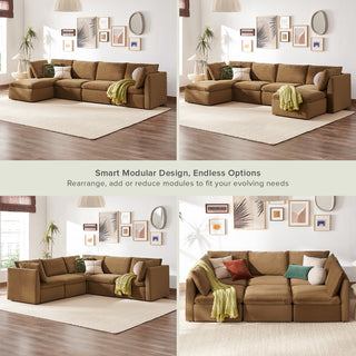 Macy 5 Seats Modular Sectional Sofa with Fully Removable Covers, Large Storage (Hazelnut Brown Velvet) [2nd Gen]