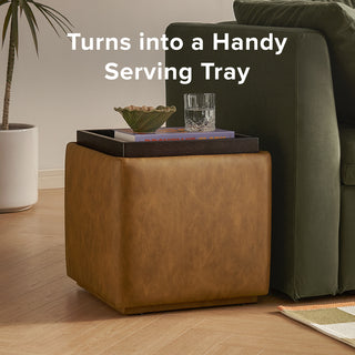 Levi Storage Tray Faux Leather Ottoman, Pecan Brown