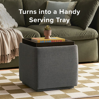 Levi Storage Tray Ottoman, Dark Gray
