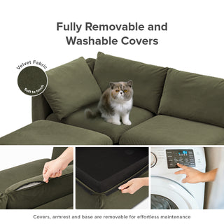 Macy Armless Sectional Sofa with Fully Removable Covers, Large Storage (Olive Green Velvet) [1st Gen]