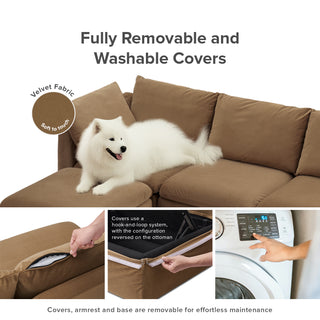 Macy 5 Seats Modular Sectional Sofa with Fully Removable Covers, Large Storage (Hazelnut Brown Velvet) [2nd Gen]