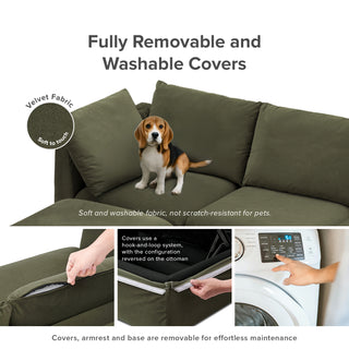 Macy 4 Seats Modular Sectional Sofa with Fully Removable Covers, Large Storage (Olive Green Velvet) [2nd gen]