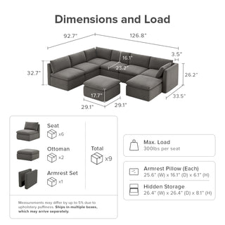 Macy 8 Seats Modular Sectional Sofa with Fully Removable Covers, Large Storage Oversized Modern Cloud Couch (Stone Gray)