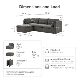 Macy 4 Seats Modular Sectional Sofa with Fully Removable Covers, Large Storage (Stone Gray)