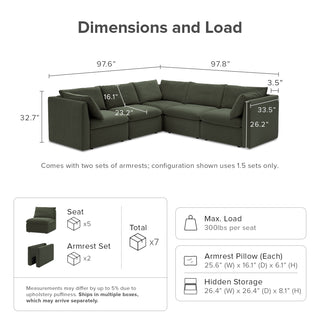 Macy 5 Seats Modular Sectional Sofa with Fully Removable Covers, Large Storage (Olive Green Velvet)