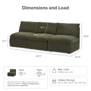 Macy Armless Sectional Sofa with Fully Removable Covers, Large Storage (Olive Green Velvet) [1st Gen]