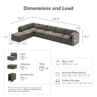 Macy 7 Seats Modular Sectional Sofa with Fully Removable Covers, Large Storage Oversized Modern Cloud Couch (Stone Gray)