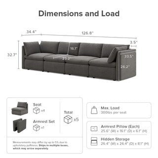 Macy 4 Seats Modular Sectional Sofa with Fully Removable Covers, Large Storage (Stone Gray)