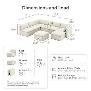 Macy 8 Seats Modular Sectional Sofa with Fully Removable Covers, Large Storage (Oat)