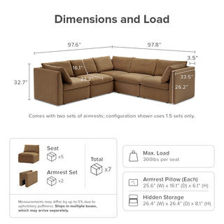 Macy 5 Seats Modular Sectional Sofa with Fully Removable Covers, Large Storage (Hazelnut Brown Velvet)