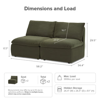 Macy Armless Sectional Sofa with Fully Removable Covers, Large Storage (Olive Green Velvet) [1st Gen]