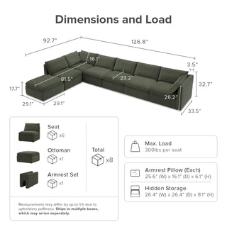 Macy 7 Seats Modular Sectional Sofa with Fully Removable Covers, Large Storage (Olive Green Velvet)