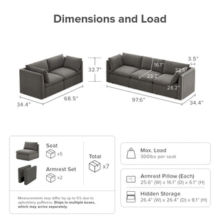 Macy 5 Seats Modular Sectional Sofa with Fully Removable Covers, Large Storage (Stone Gray)