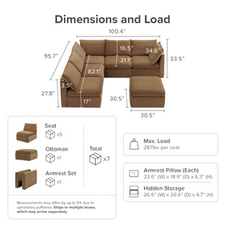 Macy 6 Seats Modular Sectional Sofa with Fully Removable Covers, Large Storage (Hazelnut Brown Velvet) [2nd Gen]