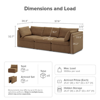 Macy 3 Seater Modular Sectional Sofa with Fully Removable Covers, Large Storage (Hazelnut Brown Velvet)