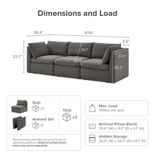 Macy 3 Seater Modular Sectional Sofa with Fully Removable Covers, Large Storage (Stone Gray)