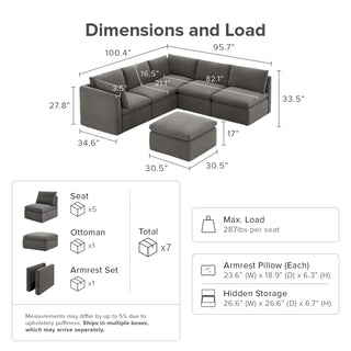 Macy 6 Seats Modular Sectional Sofa with Fully Removable Covers, Large Storage (Stone Gray) [2nd Gen]