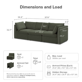 Macy 3 Seater Modular Sectional Sofa with Fully Removable Covers, Large Storage (Olive Green Velvet)