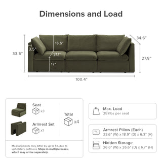 Macy 3 Seats Modular Sectional Sofa with Fully Removable Covers, Large Storage (Olive Green Velvet) [2nd gen]