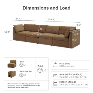 Macy 4 Seats Modular Sectional Sofa with Fully Removable Covers, Large Storage (Hazelnut Brown Velvet)