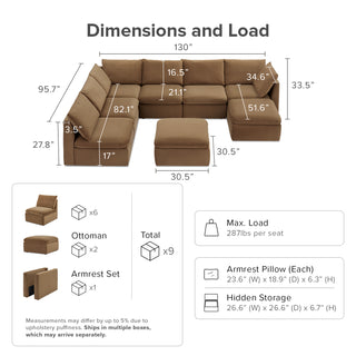 Macy 8 Seats Modular Sectional Sofa with Fully Removable Covers, Large Storage (Hazelnut Brown Velvet) [2nd Gen]