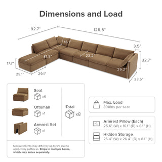 Macy 7 Seats Modular Sectional Sofa with Fully Removable Covers, Large Storage (Hazelnut Brown Velvet)