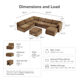 Macy 8 Seats Modular Sectional Sofa with Fully Removable Covers, Large Storage (Hazelnut Brown Velvet)