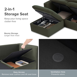 Macy Armless Storage Seat, Olive Green Velvet