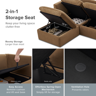 Macy 5 Seats Modular Sectional Sofa with Fully Removable Covers, Large Storage (Hazelnut Brown Velvet) [2nd Gen]