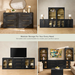 Blake 4 Piece Entertainment Center with Storage, TV Stand with Tall Arched Display Cabinets, Black Oak