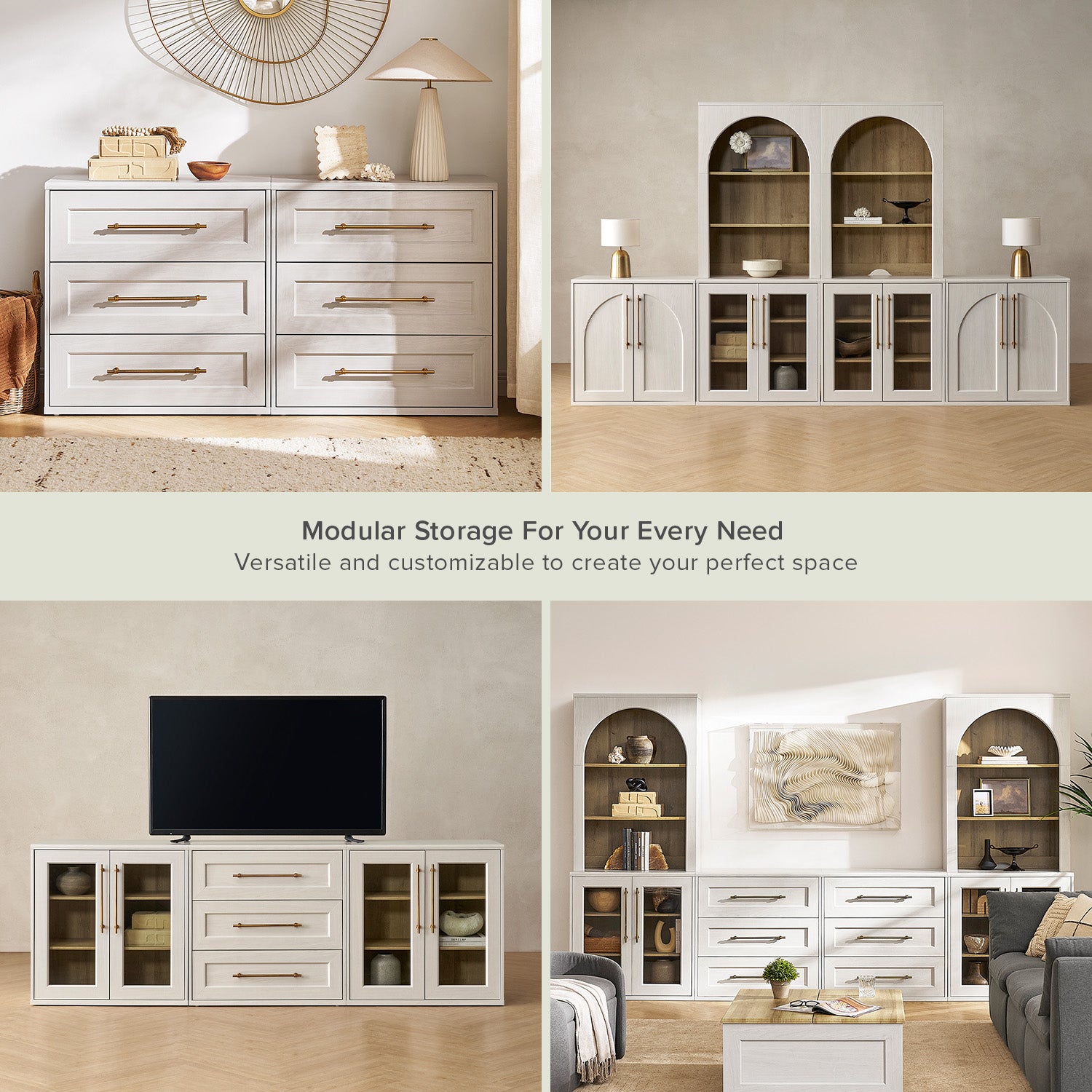 Blake 4 Piece Entertainment Center with Storage, Dresser TV Stand with Arched Bookshelves, White Oak Blake 4 Piece Entertainment Center with Storage, Dresser TV Stand with Arched Bookshelves, White Oak