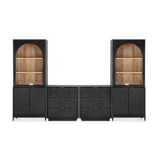 Brooklyn 4 Piece Dresser TV Stand Entertainment Center in Black Oak, full set front view