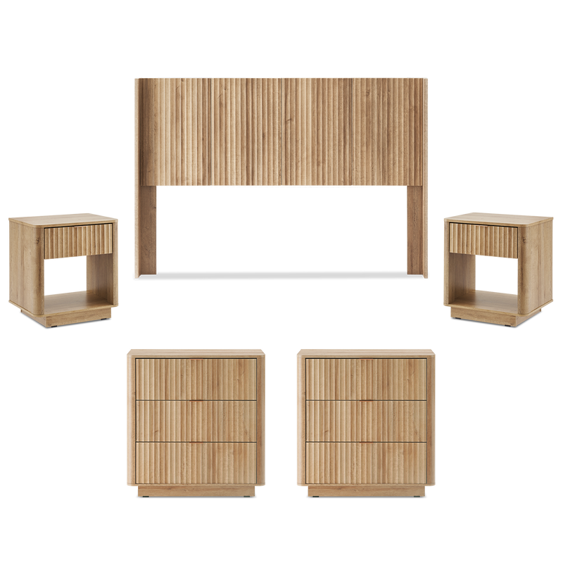 Brooklyn Bedroom Set - 3-Drawer Dresser (Pair) + Headboard + Bed Side Table (Pair)
