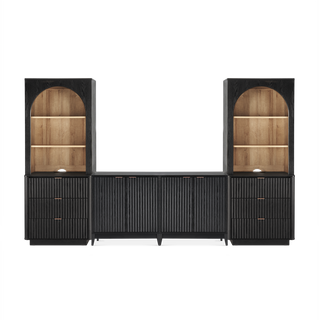 Brooklyn 4 Piece Cabinet TV Stand Entertainment Center in Black Oak, full set front view
