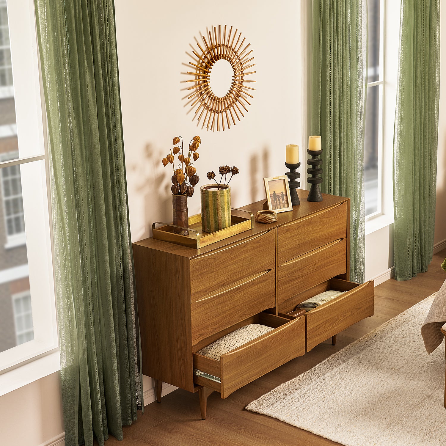 mid century modern 6 drawer dresser Dubrovnik Walnut With Drawers the dresser exudes the premium look of natural wood Classic Mid-Century Modern Caramel 6-Drawer