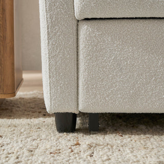 Sophie Sleeper Armchair leg detail, Pearl White Bouclé