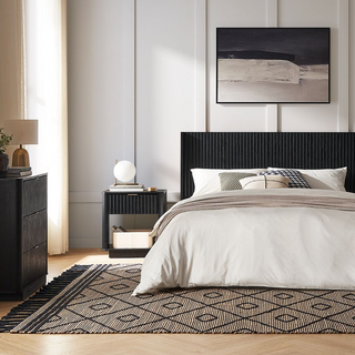Brooklyn 3 Piece Bedroom Set, King Black Oak, styled in a bedroom