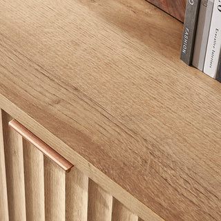 Brooklyn U Shape Cabinet Entertainment Center in Golden Oak, oak laminate wood grain close-up