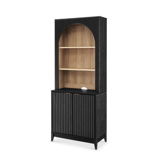 Brooklyn U Shape Cabinet Entertainment Center in Black Oak, angled view styled with decor